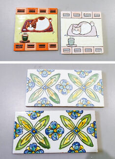 絵付けした段階のものと焼成後のできあがり作品