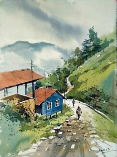 ラジュダ氏が描いたインドダージリン地方 シトオンの風景画